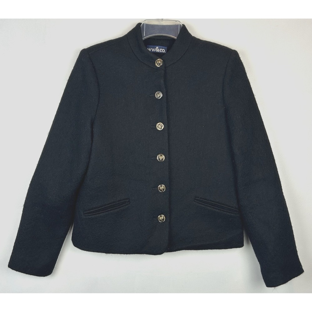 Black Wool Blazer Womens S Gold Wolf Button Classic Warm Solid Old Money